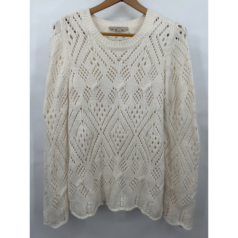 Loft Cream Pointelle Knit‎ Diamond Sweater XL Wool Blend Off White Pullover Soft